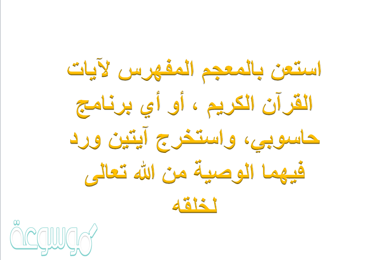 استعن بالمعجم المفهرس لآيات القرآن الكريم ، أو أي برنامج حاسوبي، واستخرج آیتین ورد فيهما الوصية من الله تعالى لخلقه .