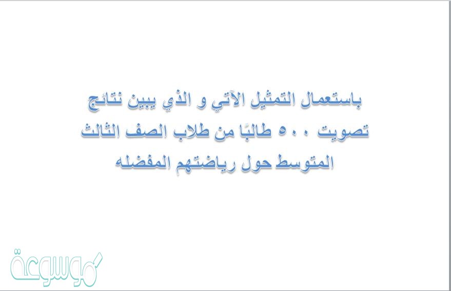 باستعمال التمثيل الآتي و الذي يبين نتائج تصويت 500 طالبًا من طلاب الصف الثالث المتوسط حول رياضتهم المفضله