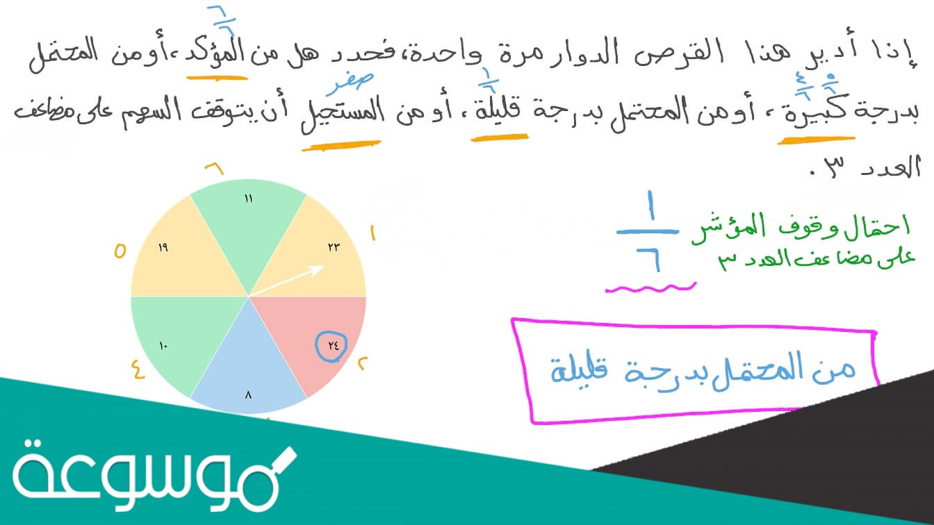 في القرص الدوار ذو المؤشر المقسم إلى 16 قطاعاَ والمرقمة من 1 إلى 16 فإن احتمال استقرار المؤشر على عدد فردي إذا عُلم أنه إستقر على عدد أكبر من 3 يساوي